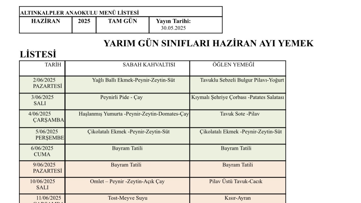 Haziran ayı yemek listemiz